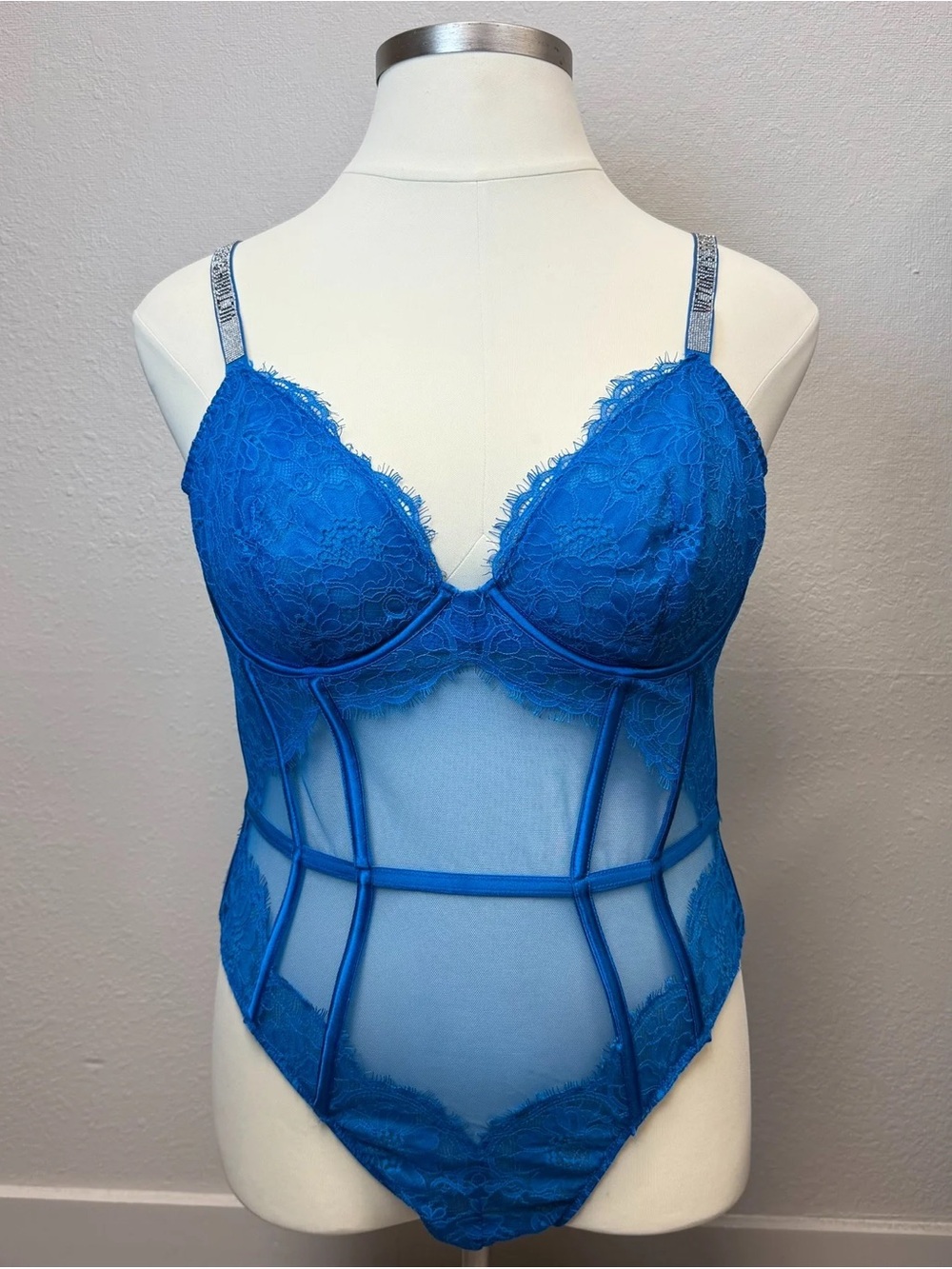 Victoria's Secret Blue Lace & Mesh Teddy Lingerie Bodysuit - Size XL